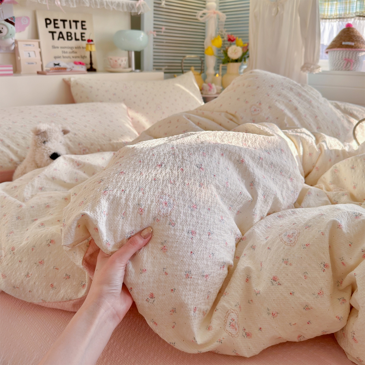 91家纺网 家纺一手货源 找家纺 铺尚美家纺 2026新款小清新110g高品质直播热卖款A类泡芙棉双层纱四件套 甜昔