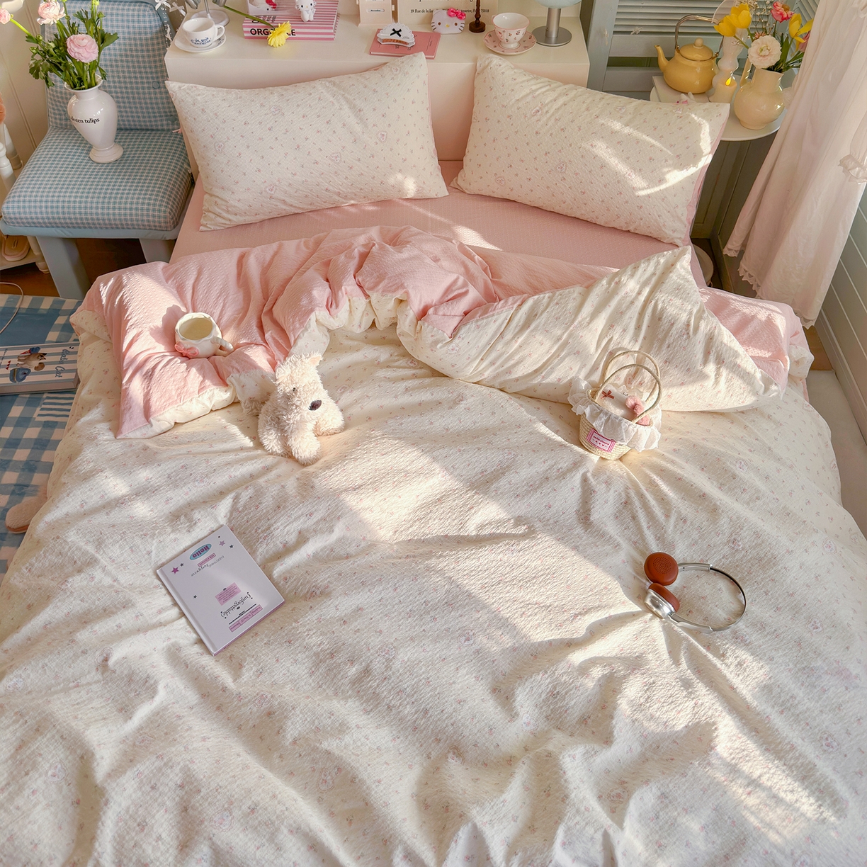 91家纺网 家纺一手货源 找家纺 铺尚美家纺 2026新款小清新110g高品质直播热卖款A类泡芙棉双层纱四件套 甜昔