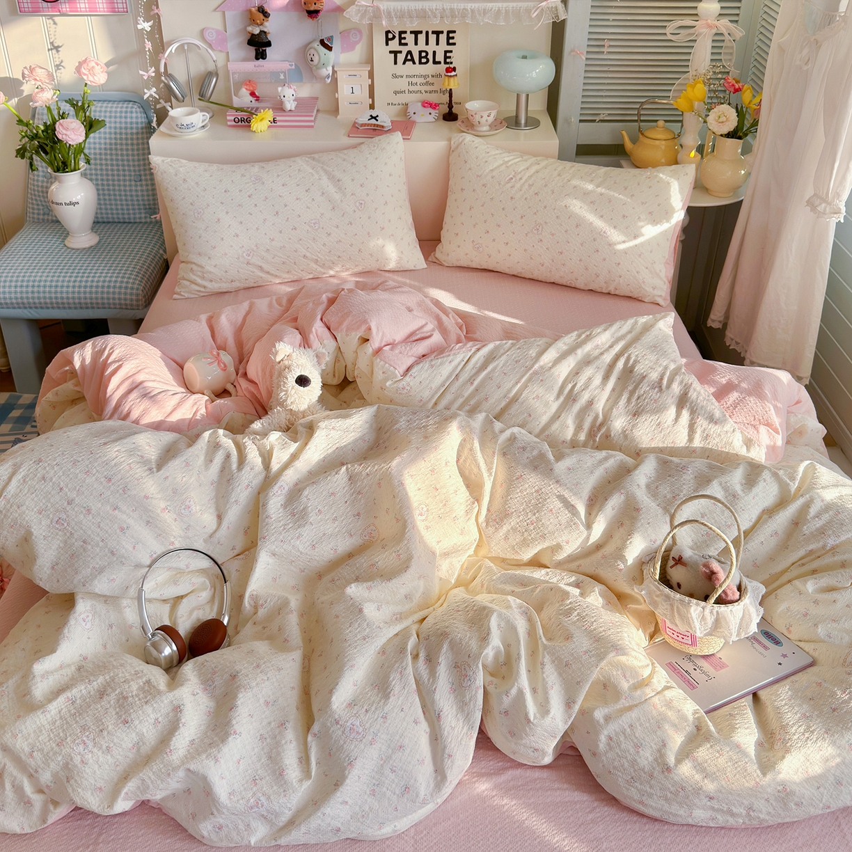 91家纺网 家纺一手货源 找家纺 铺尚美家纺 2026新款小清新110g高品质直播热卖款A类泡芙棉双层纱四件套 甜昔