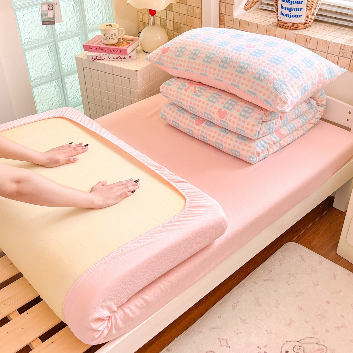 川悦生活 【提供买家秀】2026新款云感双层纱木棉学生床笠套件 甜梦心愿