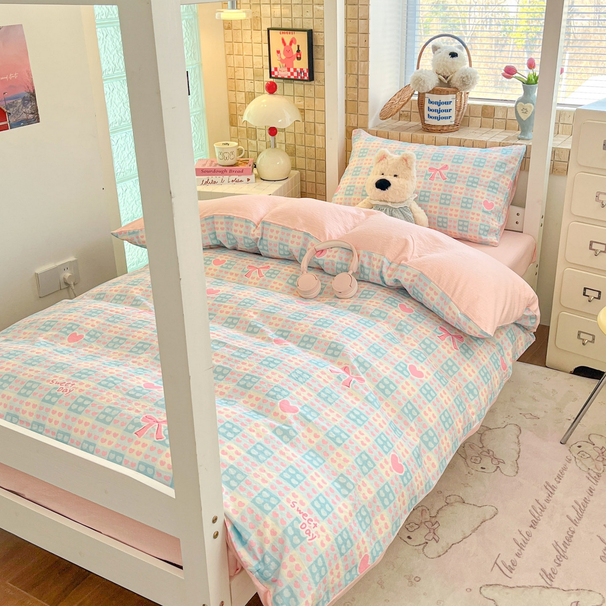 91家纺网 家纺一手货源 找家纺 川悦生活 【提供买家秀】2026新款云感双层纱木棉学生床笠套件 甜梦心愿