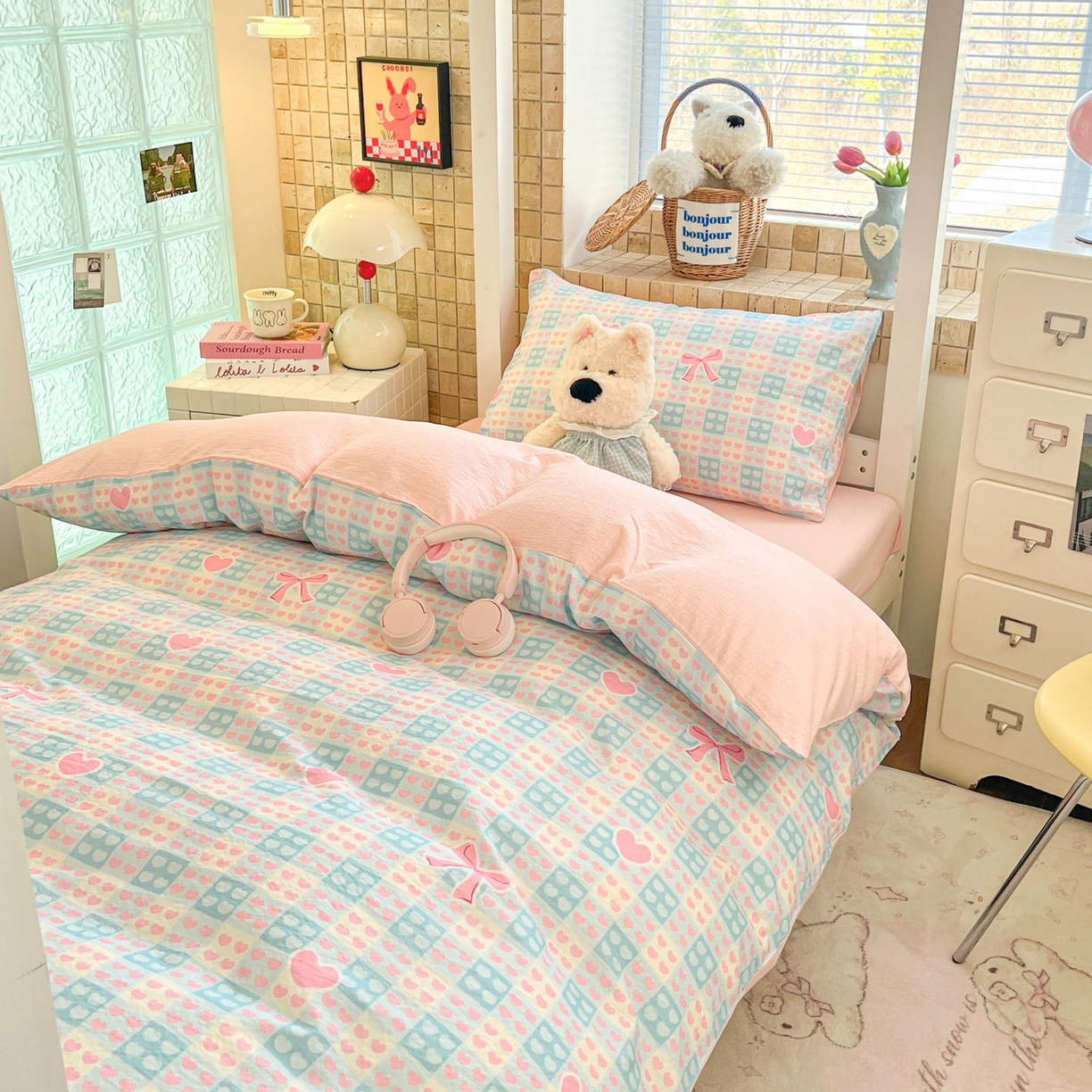 91家纺网 家纺一手货源 找家纺 川悦生活 【提供买家秀】2026新款云感双层纱木棉学生床笠套件 甜梦心愿