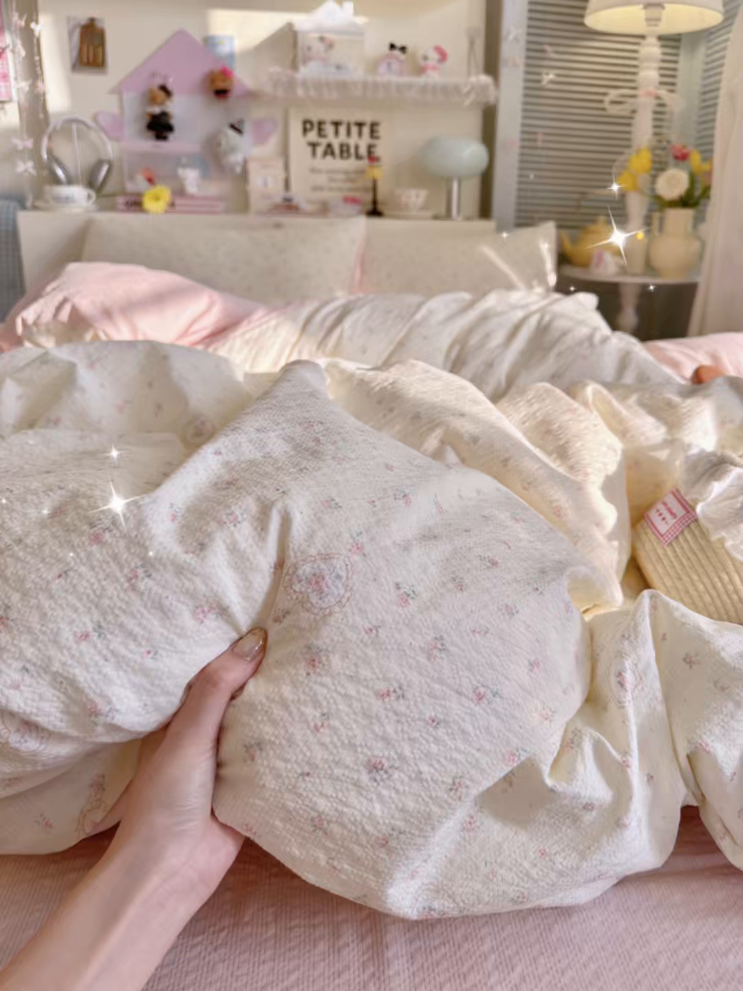 91家纺网 家纺一手货源 找家纺 铺尚美家纺 2026新款小清新110g高品质直播热卖款A类泡芙棉双层纱四件套 甜昔