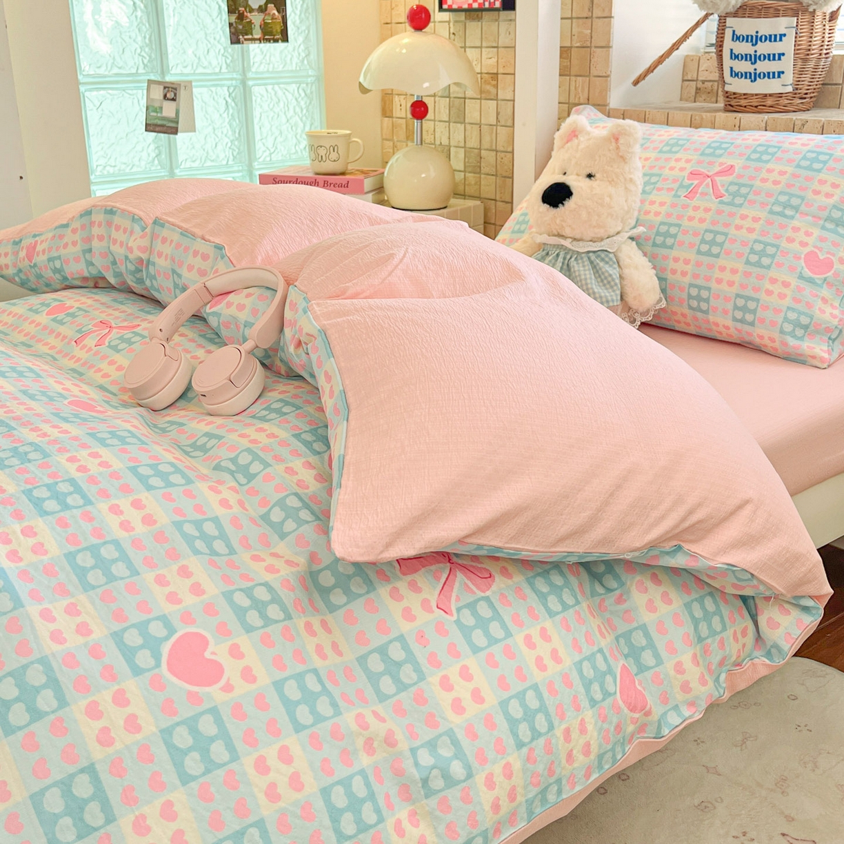 91家纺网 家纺一手货源 找家纺 川悦生活 【提供买家秀】2026新款云感双层纱木棉学生床笠套件 甜梦心愿