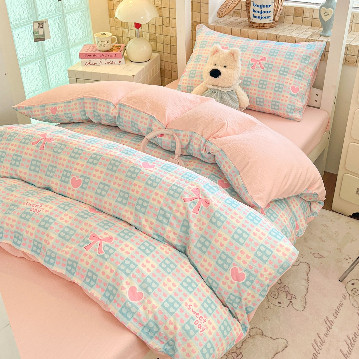 91家纺网 家纺一手货源 找家纺 川悦生活 【提供买家秀】2026新款云感双层纱木棉学生床笠套件 甜梦心愿