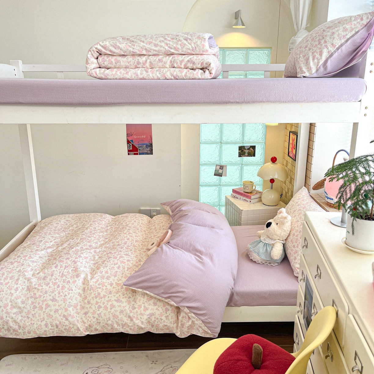 91家纺网 家纺一手货源 找家纺 川悦生活 【提供买家秀】2026新款云感双层纱木棉学生床笠套件 香芋甜梦