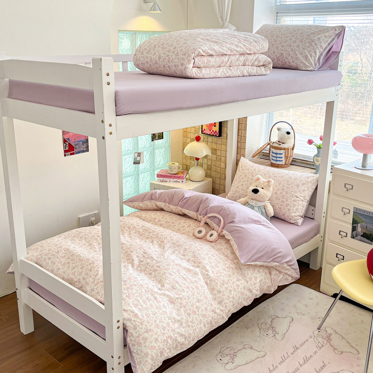 91家纺网 家纺一手货源 找家纺 川悦生活 【提供买家秀】2026新款云感双层纱木棉学生床笠套件 香芋甜梦