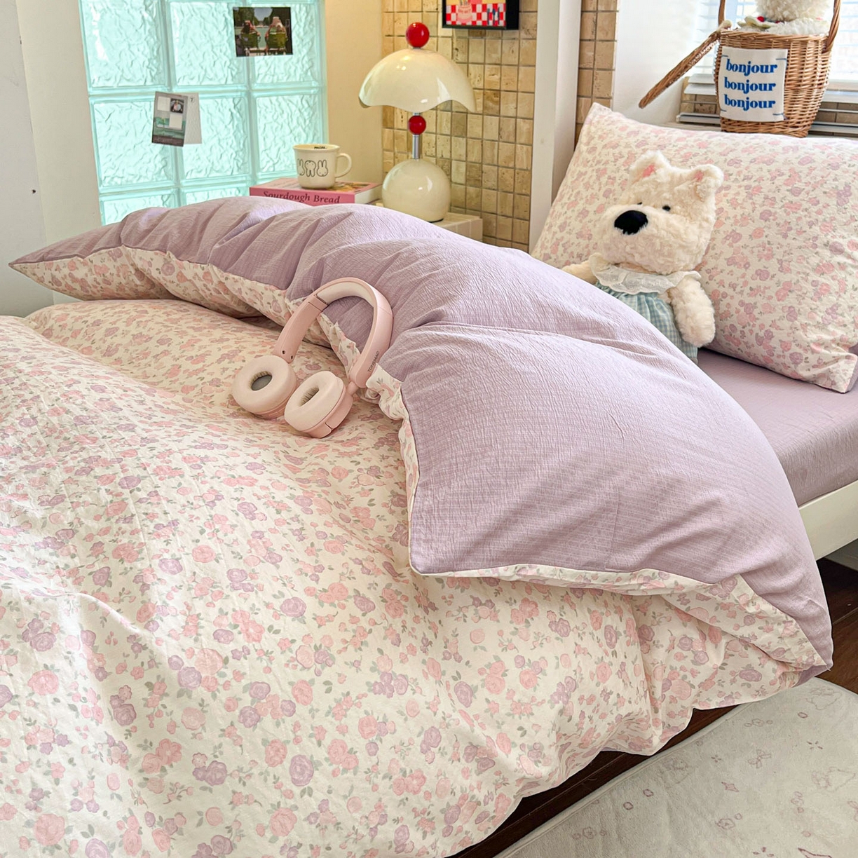 91家纺网 家纺一手货源 找家纺 川悦生活 【提供买家秀】2026新款云感双层纱木棉学生床笠套件 香芋甜梦