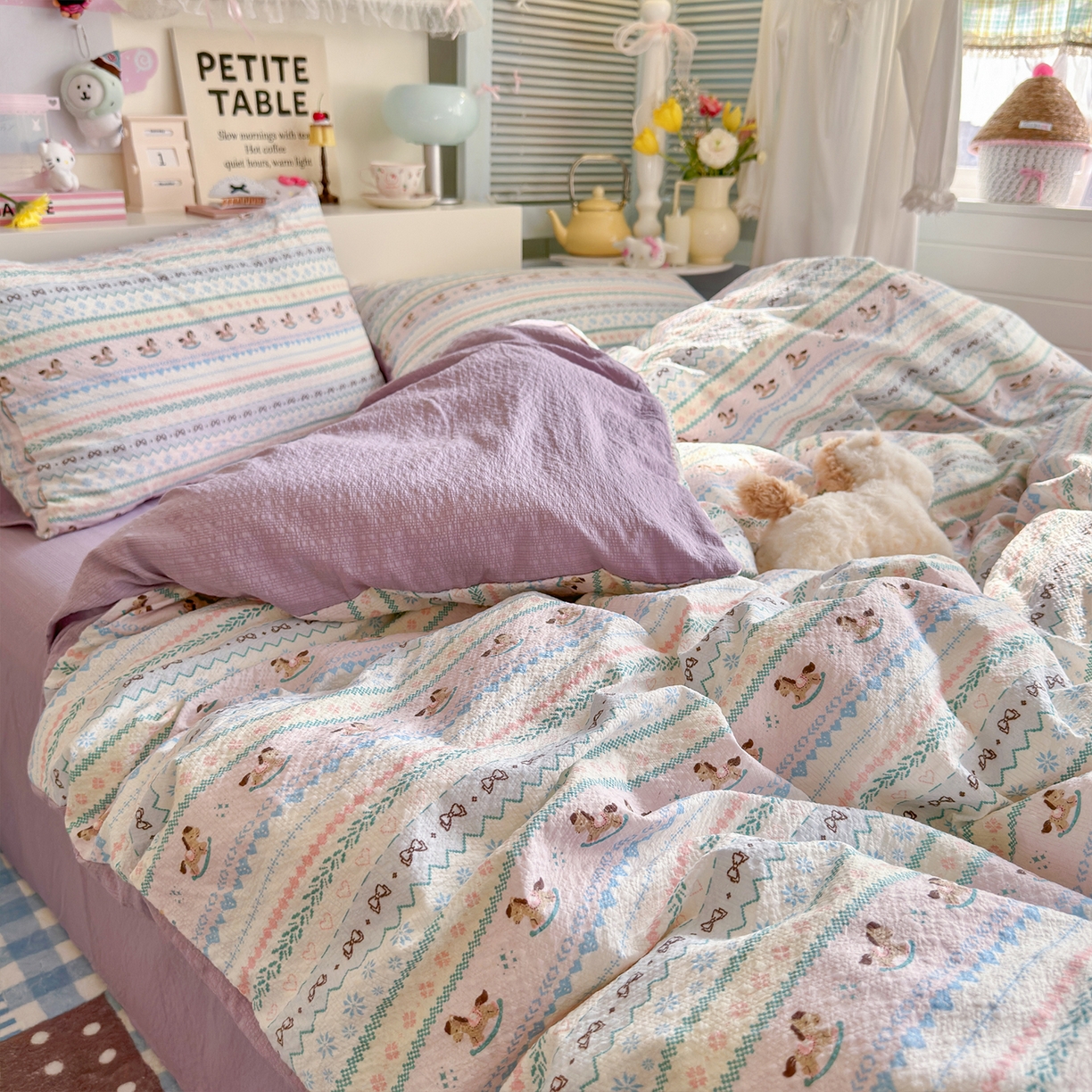 91家纺网 家纺一手货源 找家纺 铺尚美家纺 2026新款小清新110g高品质直播热卖款A类泡芙棉双层纱四件套 童年木马