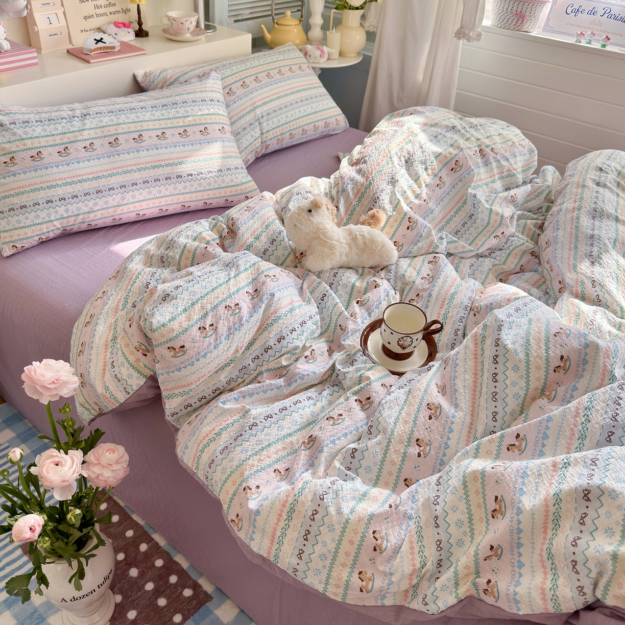 91家纺网 家纺一手货源 找家纺 铺尚美家纺 2026新款小清新110g高品质直播热卖款A类泡芙棉双层纱四件套 童年木马