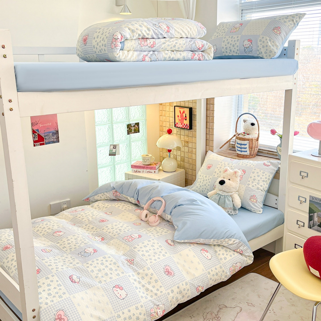 91家纺网 家纺一手货源 找家纺 川悦生活 【提供买家秀】2026新款云感双层纱木棉学生床笠套件 小猫庄园