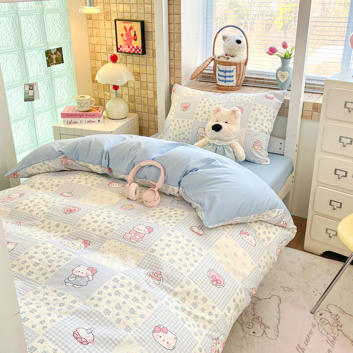 91家纺网 家纺一手货源 找家纺 川悦生活 【提供买家秀】2026新款云感双层纱木棉学生床笠套件 小猫庄园