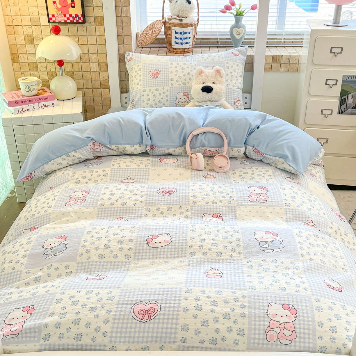 91家纺网 家纺一手货源 找家纺 川悦生活 【提供买家秀】2026新款云感双层纱木棉学生床笠套件 小猫庄园