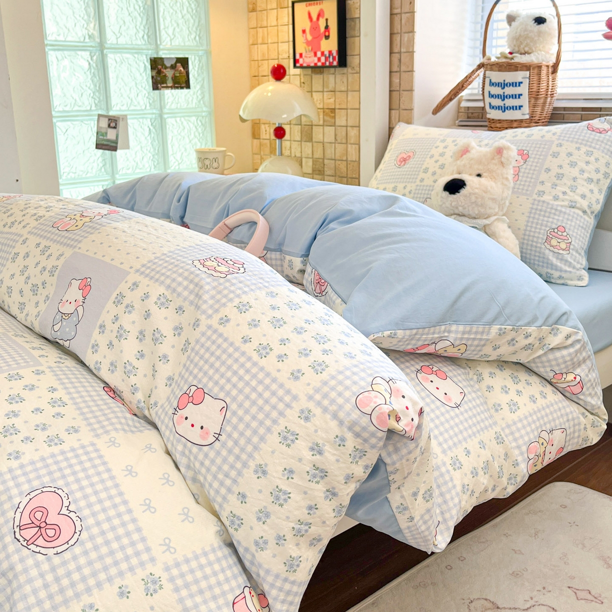 91家纺网 家纺一手货源 找家纺 川悦生活 【提供买家秀】2026新款云感双层纱木棉学生床笠套件 小猫庄园