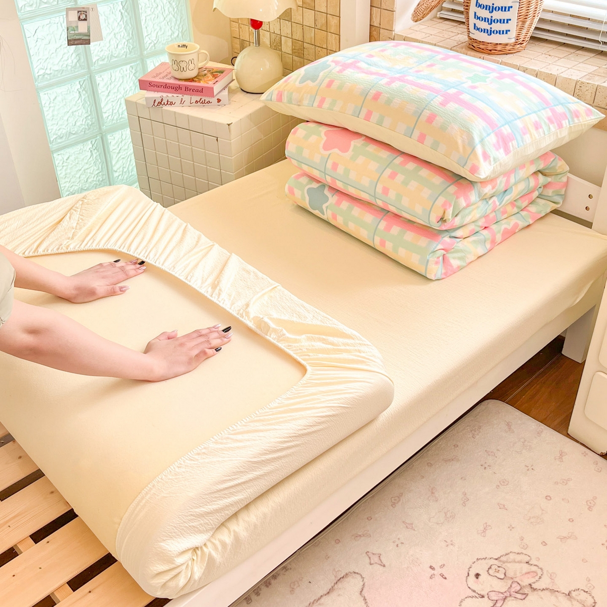 川悦生活 【提供买家秀】2026新款云感双层纱木棉学生床笠套件 杏仁小星星