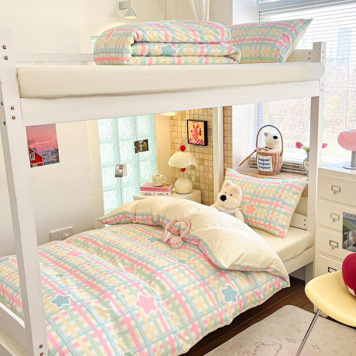 91家纺网 家纺一手货源 找家纺 川悦生活 【提供买家秀】2026新款云感双层纱木棉学生床笠套件 杏仁小星星