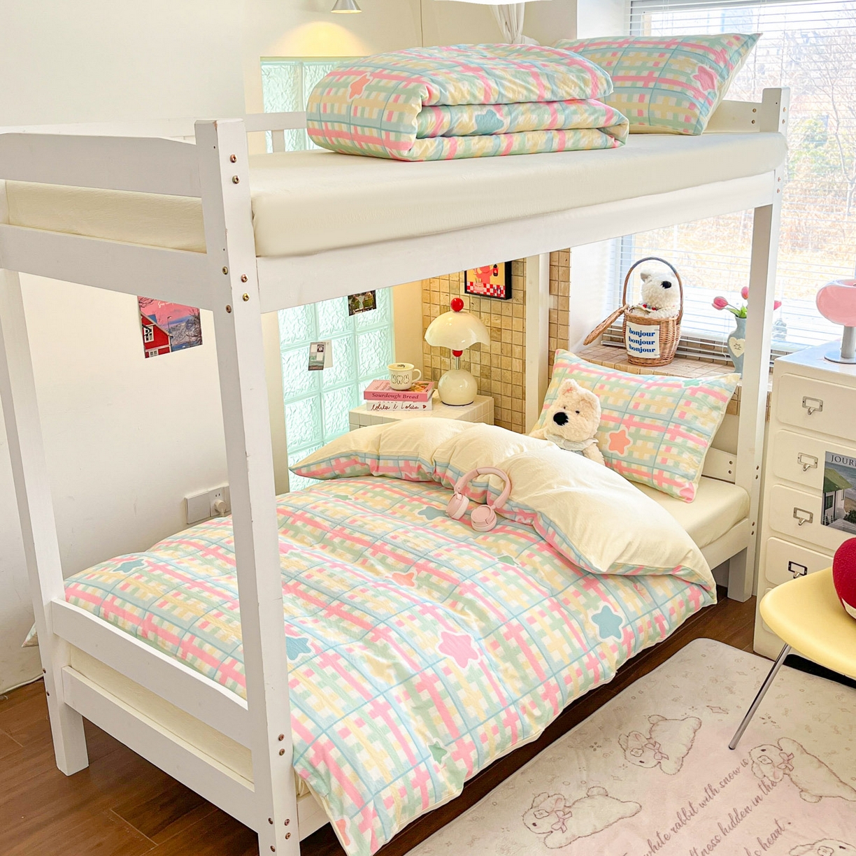 91家纺网 家纺一手货源 找家纺 川悦生活 【提供买家秀】2026新款云感双层纱木棉学生床笠套件 杏仁小星星