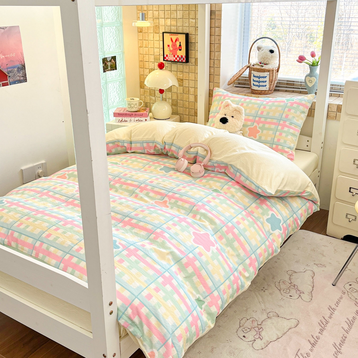 91家纺网 家纺一手货源 找家纺 川悦生活 【提供买家秀】2026新款云感双层纱木棉学生床笠套件 杏仁小星星