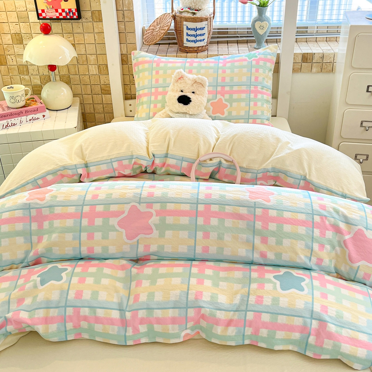 91家纺网 家纺一手货源 找家纺 川悦生活 【提供买家秀】2026新款云感双层纱木棉学生床笠套件 杏仁小星星