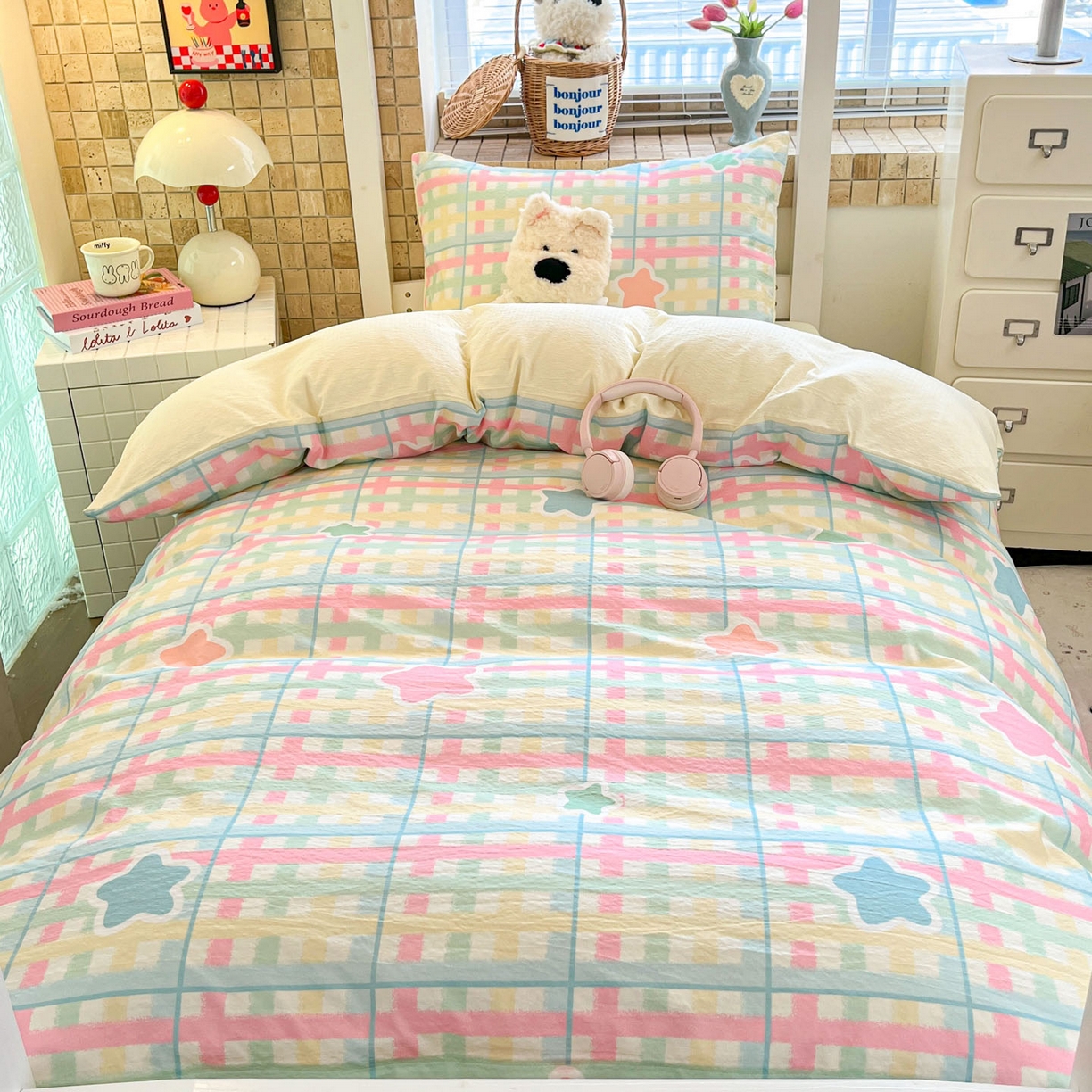 91家纺网 家纺一手货源 找家纺 川悦生活 【提供买家秀】2026新款云感双层纱木棉学生床笠套件 杏仁小星星