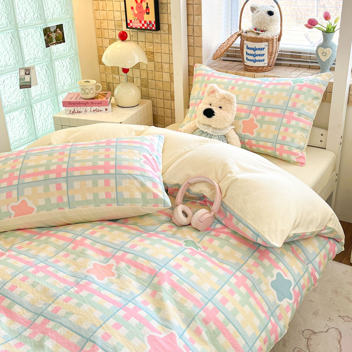 91家纺网 家纺一手货源 找家纺 川悦生活 【提供买家秀】2026新款云感双层纱木棉学生床笠套件 杏仁小星星