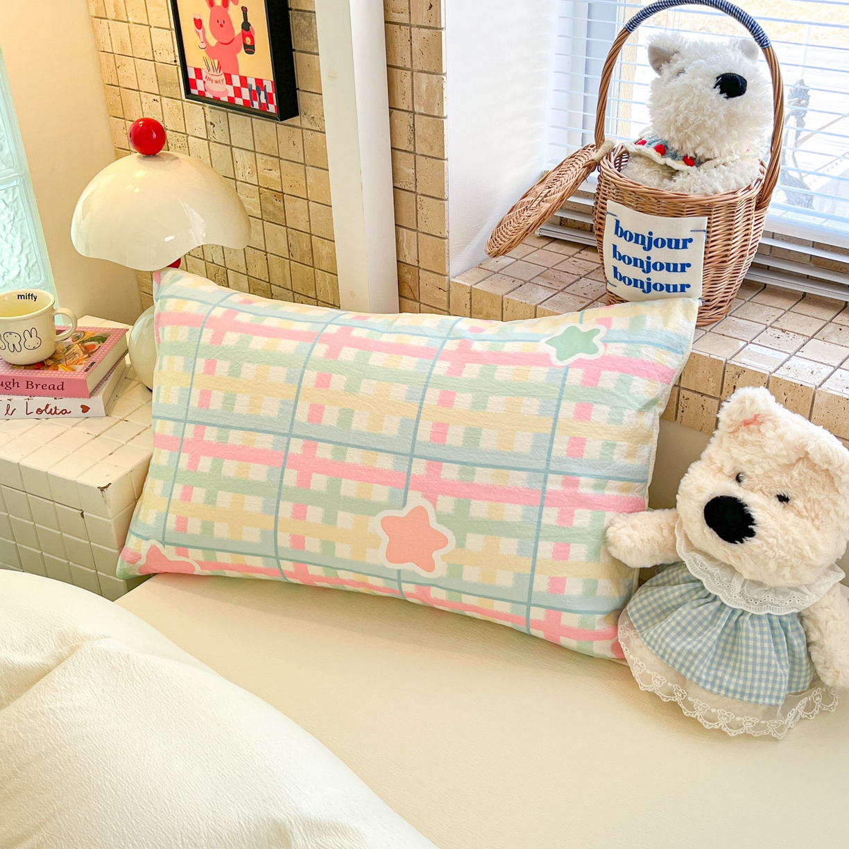 91家纺网 家纺一手货源 找家纺 川悦生活 【提供买家秀】2026新款云感双层纱木棉学生床笠套件 杏仁小星星