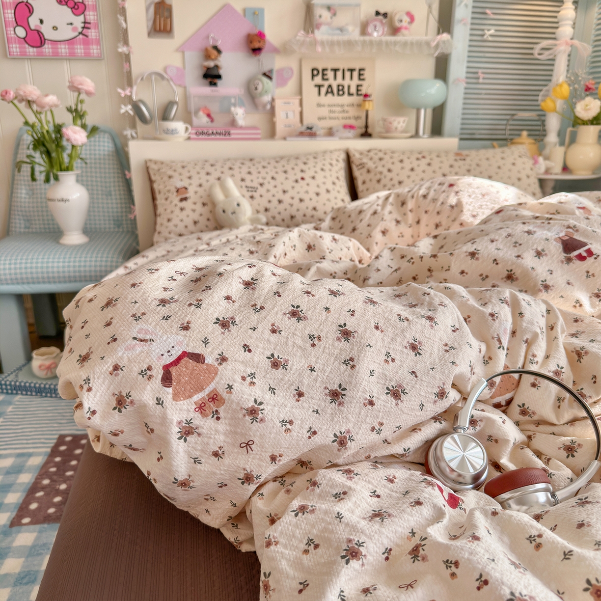 91家纺网 家纺一手货源 找家纺 铺尚美家纺 2026新款小清新110g高品质直播热卖款A类泡芙棉双层纱四件套 兔兔后花园