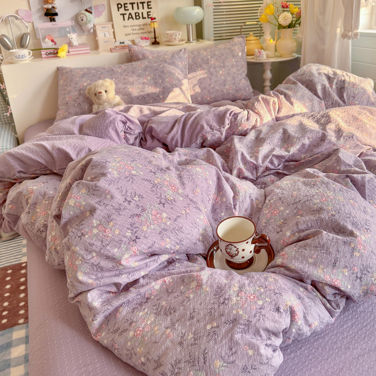 91家纺网 家纺一手货源 找家纺 铺尚美家纺 2026新款小清新110g高品质直播热卖款A类泡芙棉双层纱四件套 香风颂