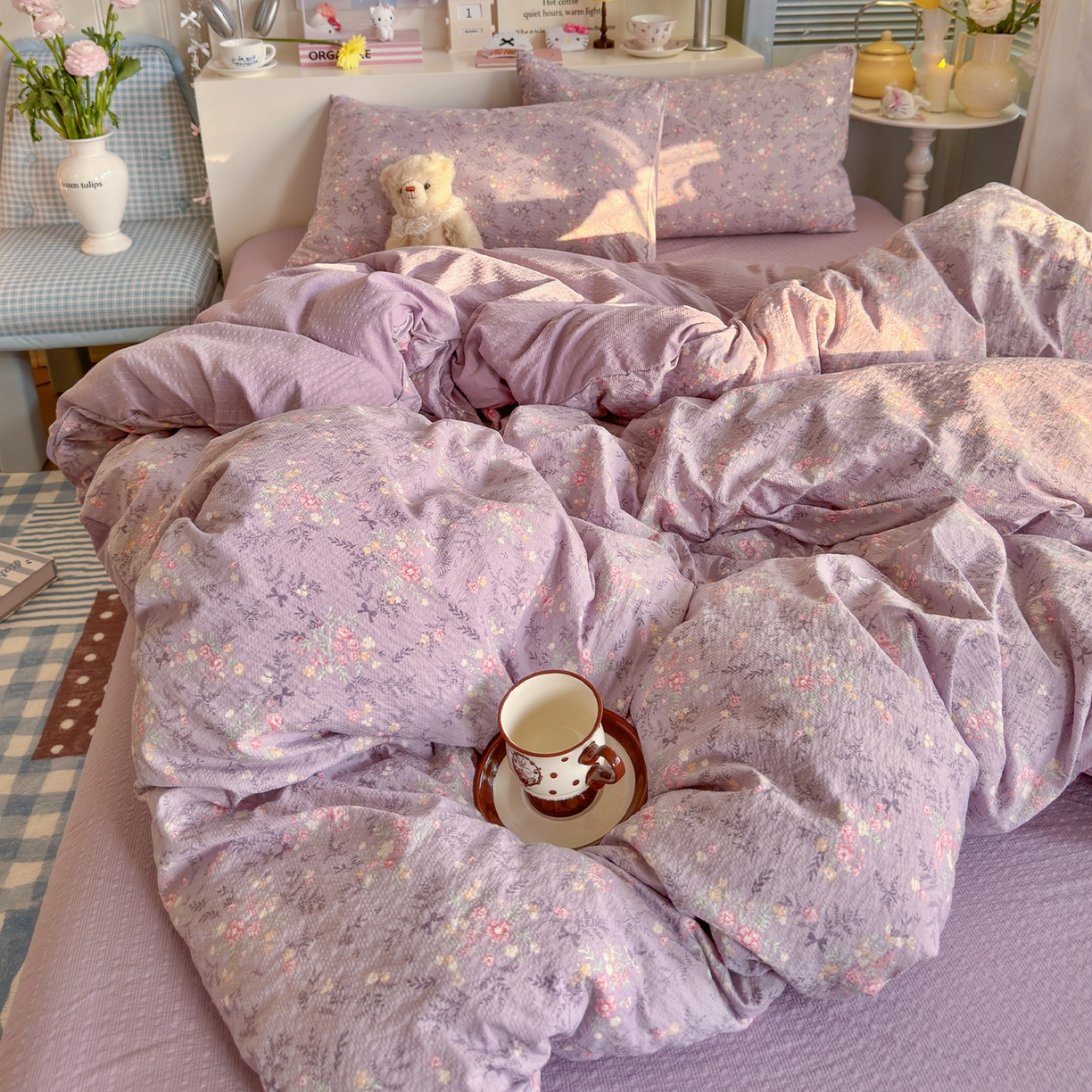 91家纺网 家纺一手货源 找家纺 铺尚美家纺 2026新款小清新110g高品质直播热卖款A类泡芙棉双层纱四件套 香风颂