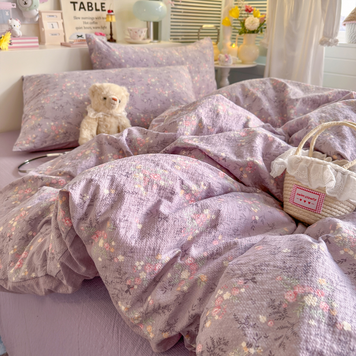 91家纺网 家纺一手货源 找家纺 铺尚美家纺 2026新款小清新110g高品质直播热卖款A类泡芙棉双层纱四件套 香风颂