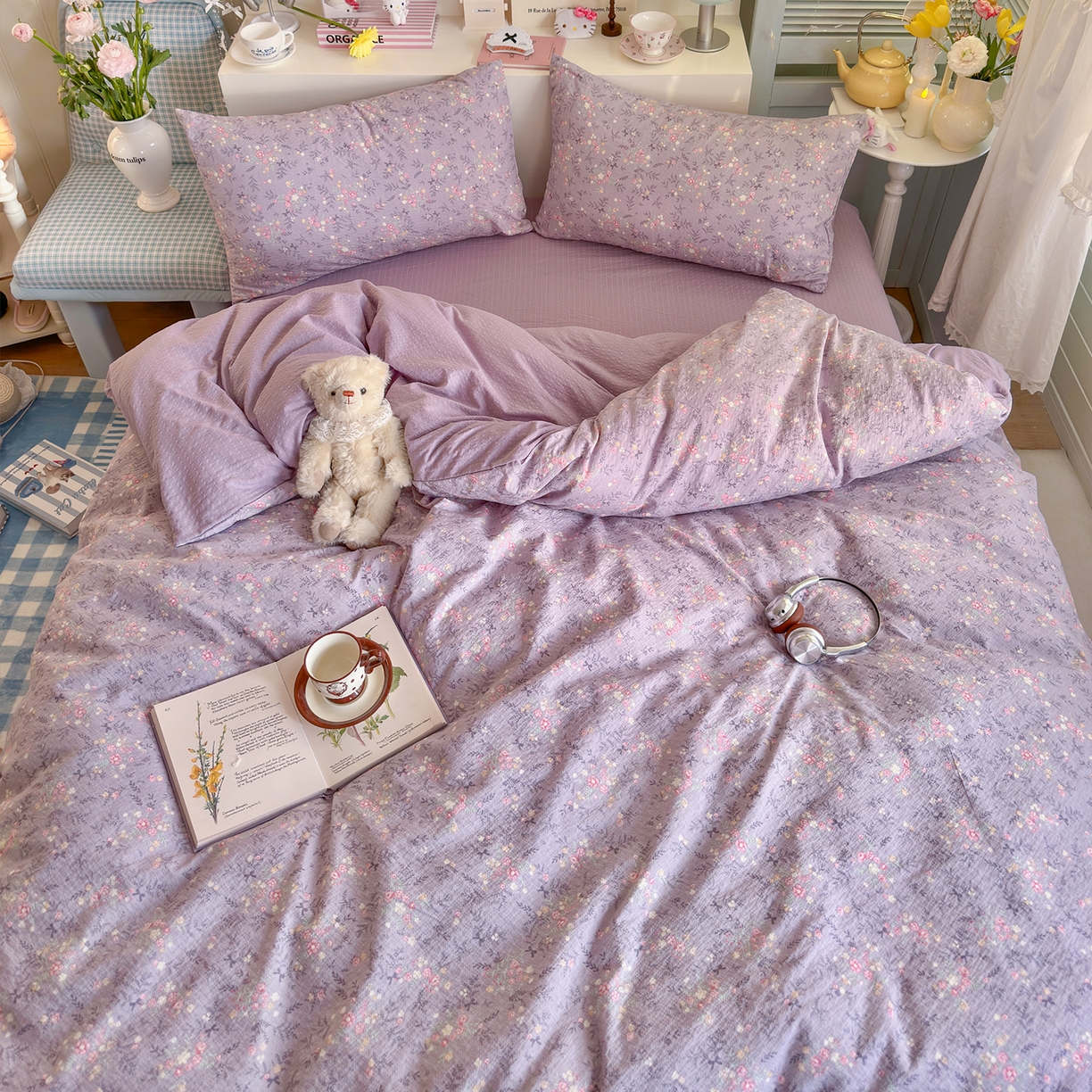 91家纺网 家纺一手货源 找家纺 铺尚美家纺 2026新款小清新110g高品质直播热卖款A类泡芙棉双层纱四件套 香风颂