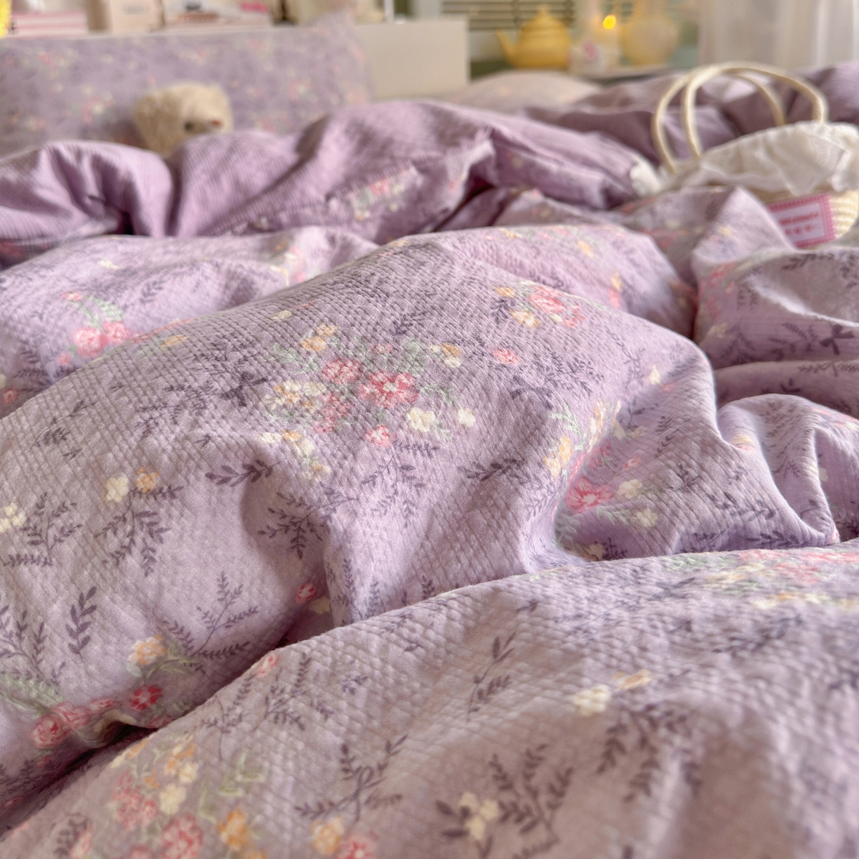 91家纺网 家纺一手货源 找家纺 铺尚美家纺 2026新款小清新110g高品质直播热卖款A类泡芙棉双层纱四件套 香风颂