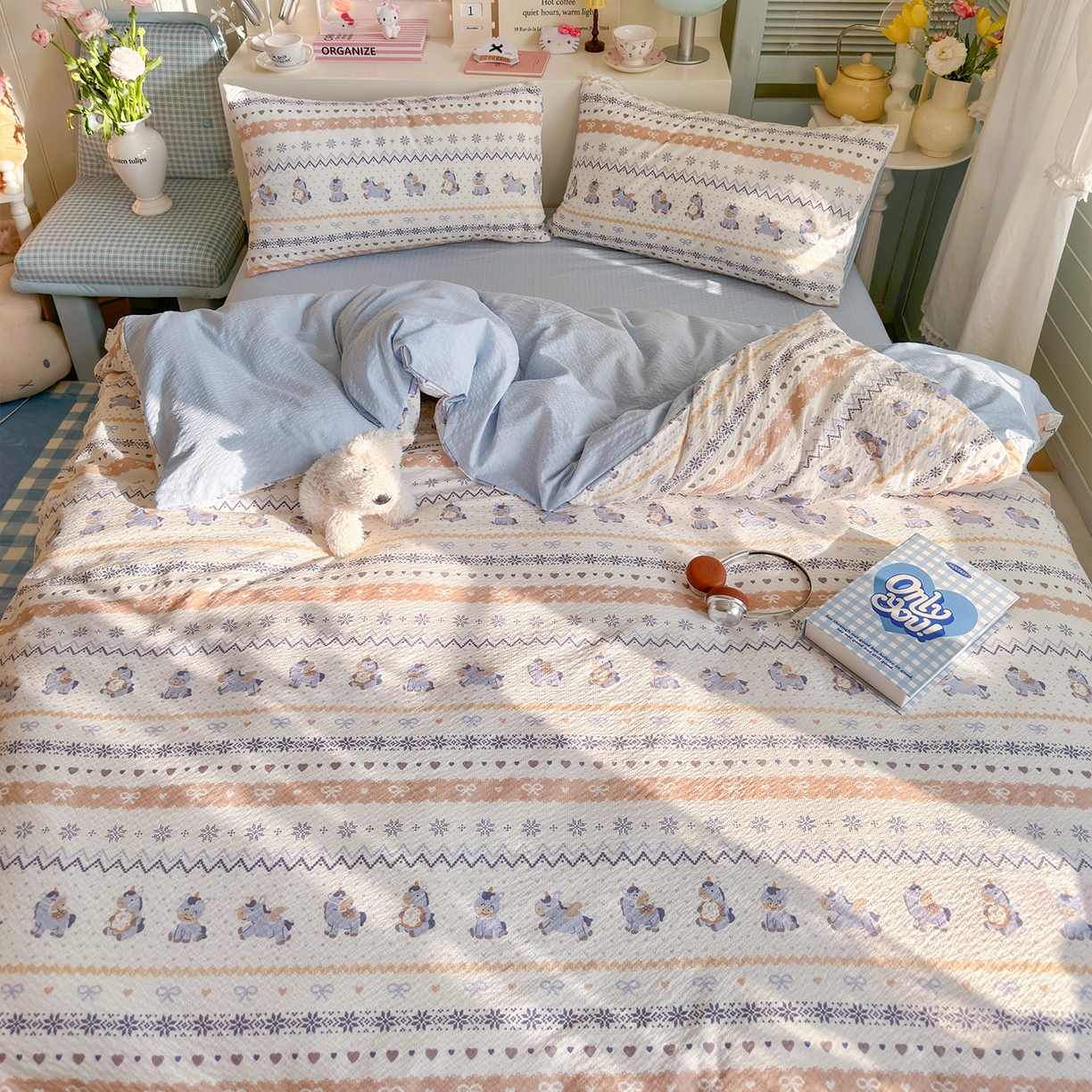 91家纺网 家纺一手货源 找家纺 铺尚美家纺 2026新款小清新110g高品质直播热卖款A类泡芙棉双层纱四件套 小马独角兽