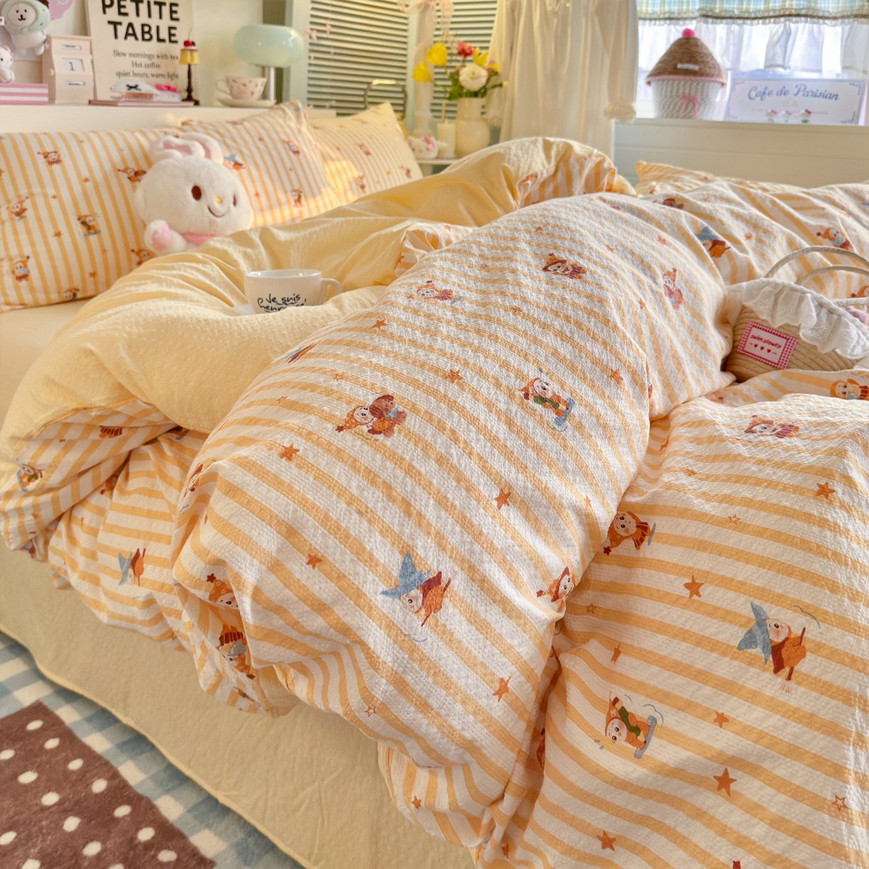 铺尚美家纺 2026新款小清新110g高品质直播热卖款A类泡芙棉双层纱四件套 星星人