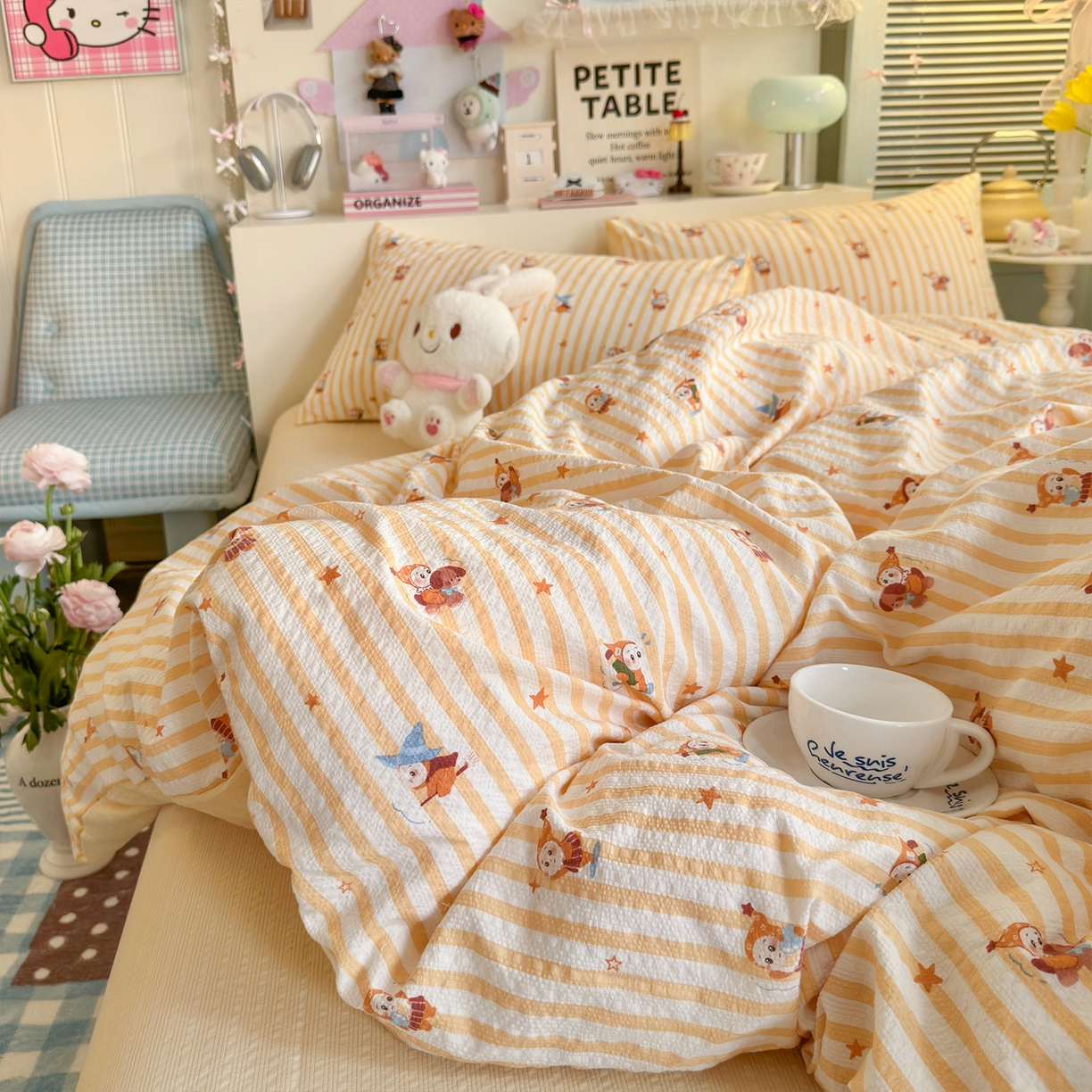 91家纺网 家纺一手货源 找家纺 铺尚美家纺 2026新款小清新110g高品质直播热卖款A类泡芙棉双层纱四件套 星星人