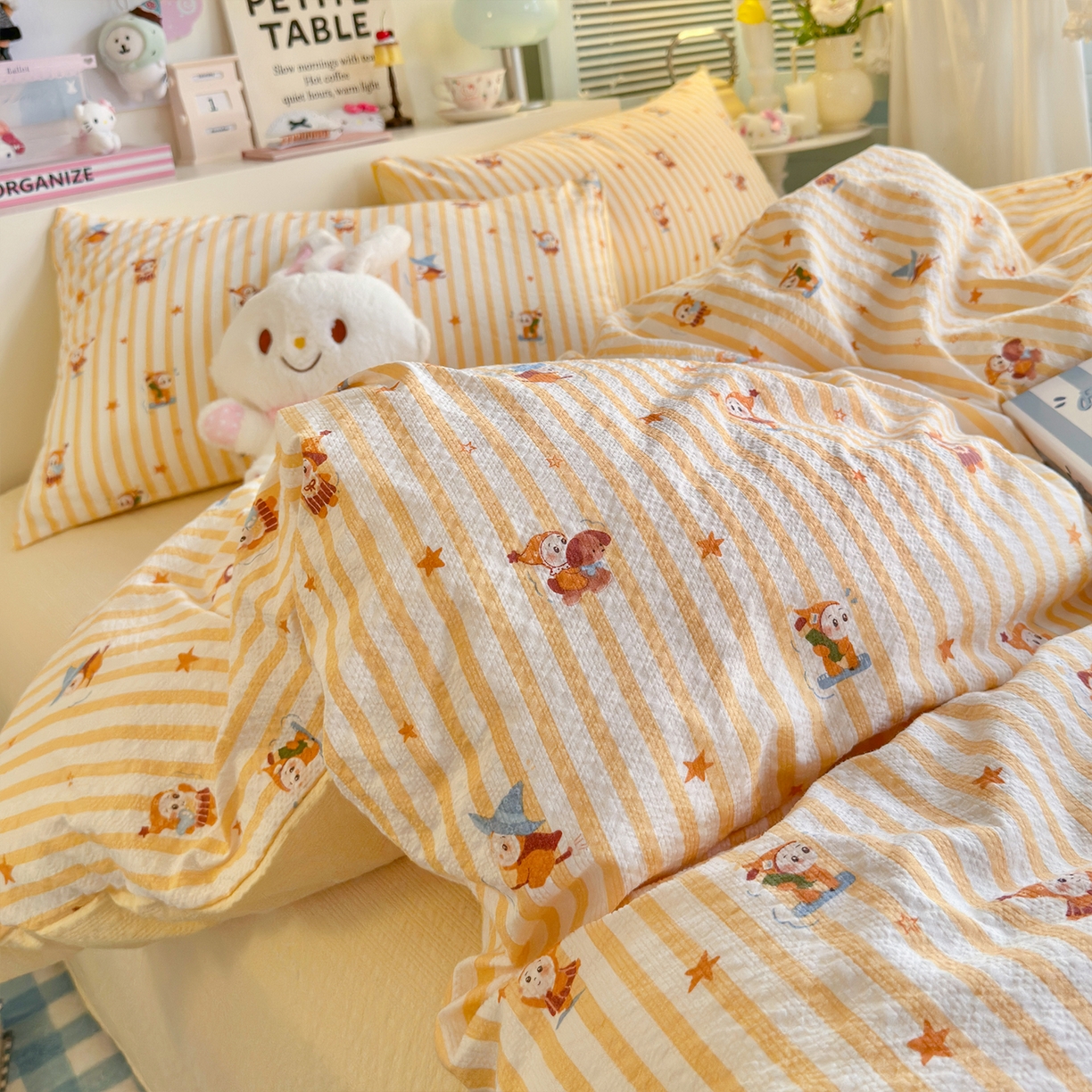 91家纺网 家纺一手货源 找家纺 铺尚美家纺 2026新款小清新110g高品质直播热卖款A类泡芙棉双层纱四件套 星星人