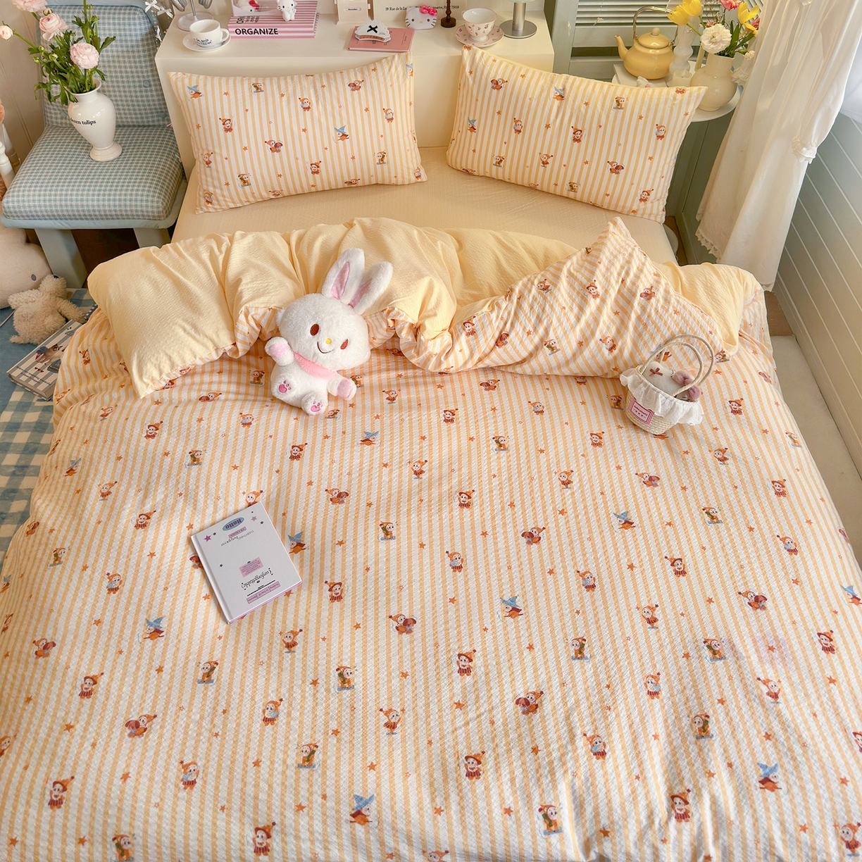 91家纺网 家纺一手货源 找家纺 铺尚美家纺 2026新款小清新110g高品质直播热卖款A类泡芙棉双层纱四件套 星星人