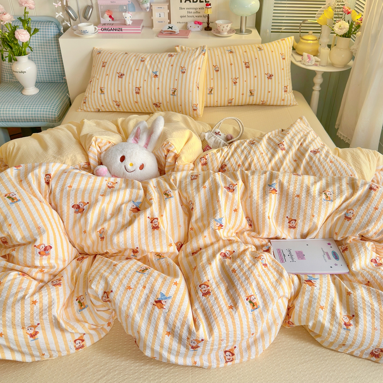 91家纺网 家纺一手货源 找家纺 铺尚美家纺 2026新款小清新110g高品质直播热卖款A类泡芙棉双层纱四件套 星星人