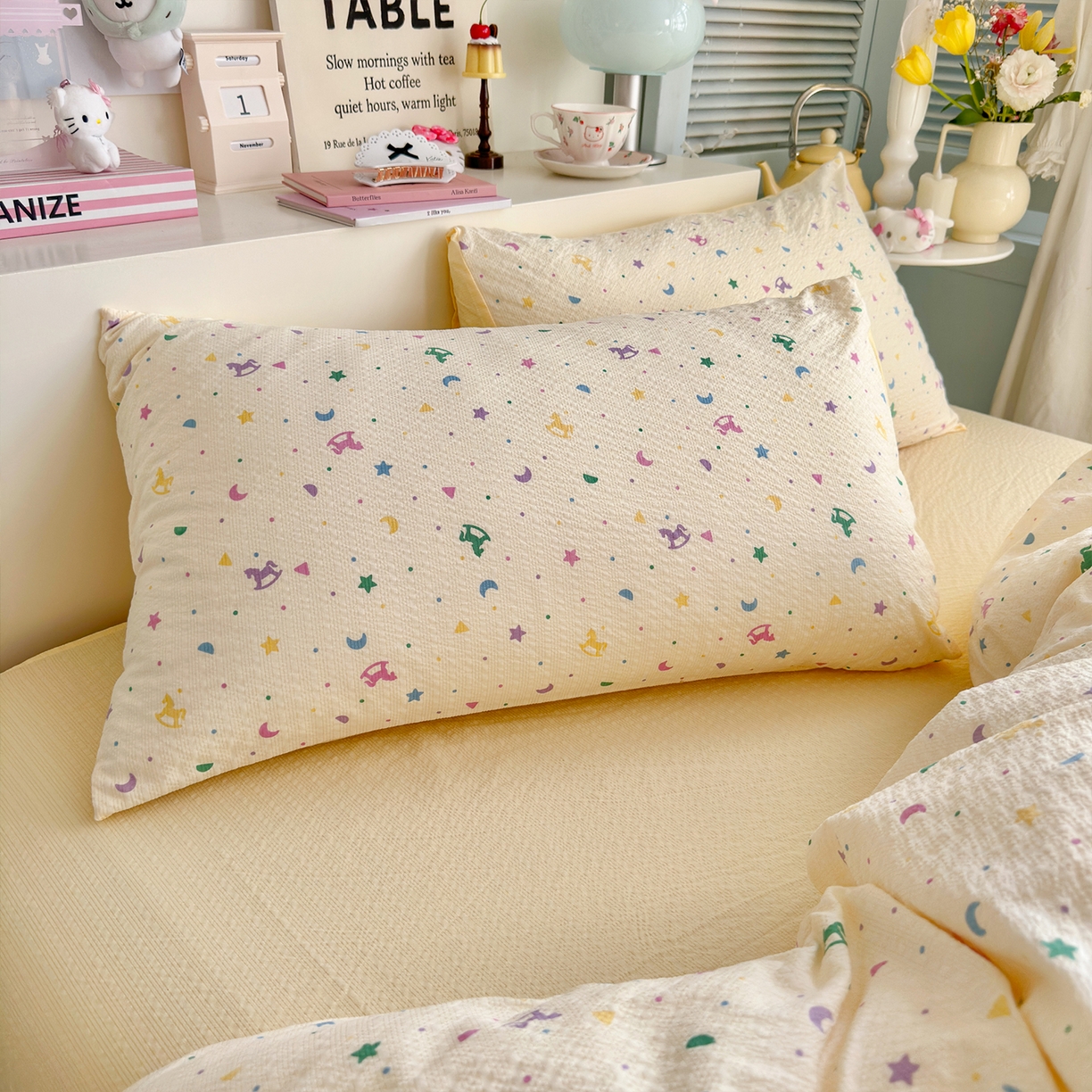 91家纺网 家纺一手货源 找家纺 铺尚美家纺 2026新款小清新110g高品质直播热卖款A类泡芙棉双层纱四件套 绚烂星空