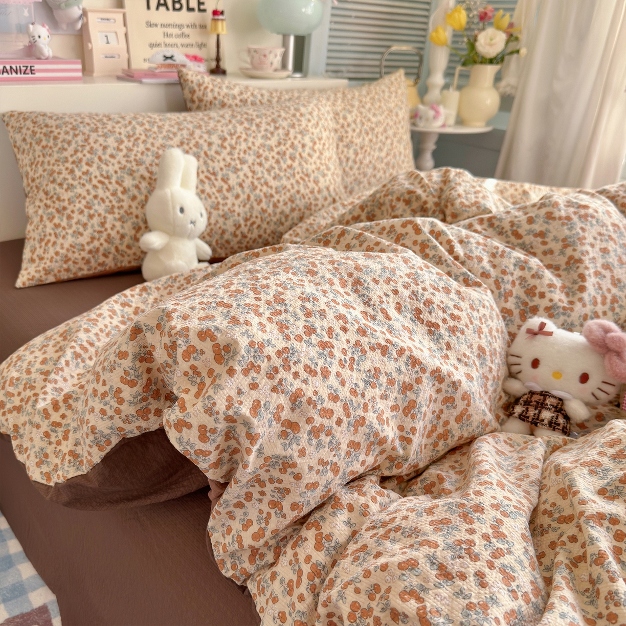 91家纺网 家纺一手货源 找家纺 铺尚美家纺 2026新款小清新110g高品质直播热卖款A类泡芙棉双层纱四件套 伊柠