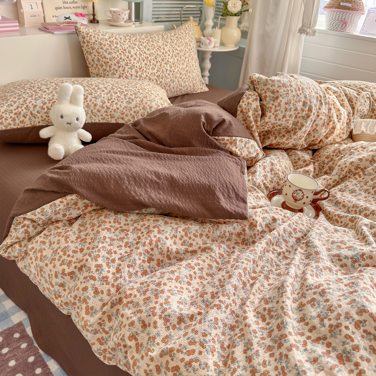 91家纺网 家纺一手货源 找家纺 铺尚美家纺 2026新款小清新110g高品质直播热卖款A类泡芙棉双层纱四件套 伊柠