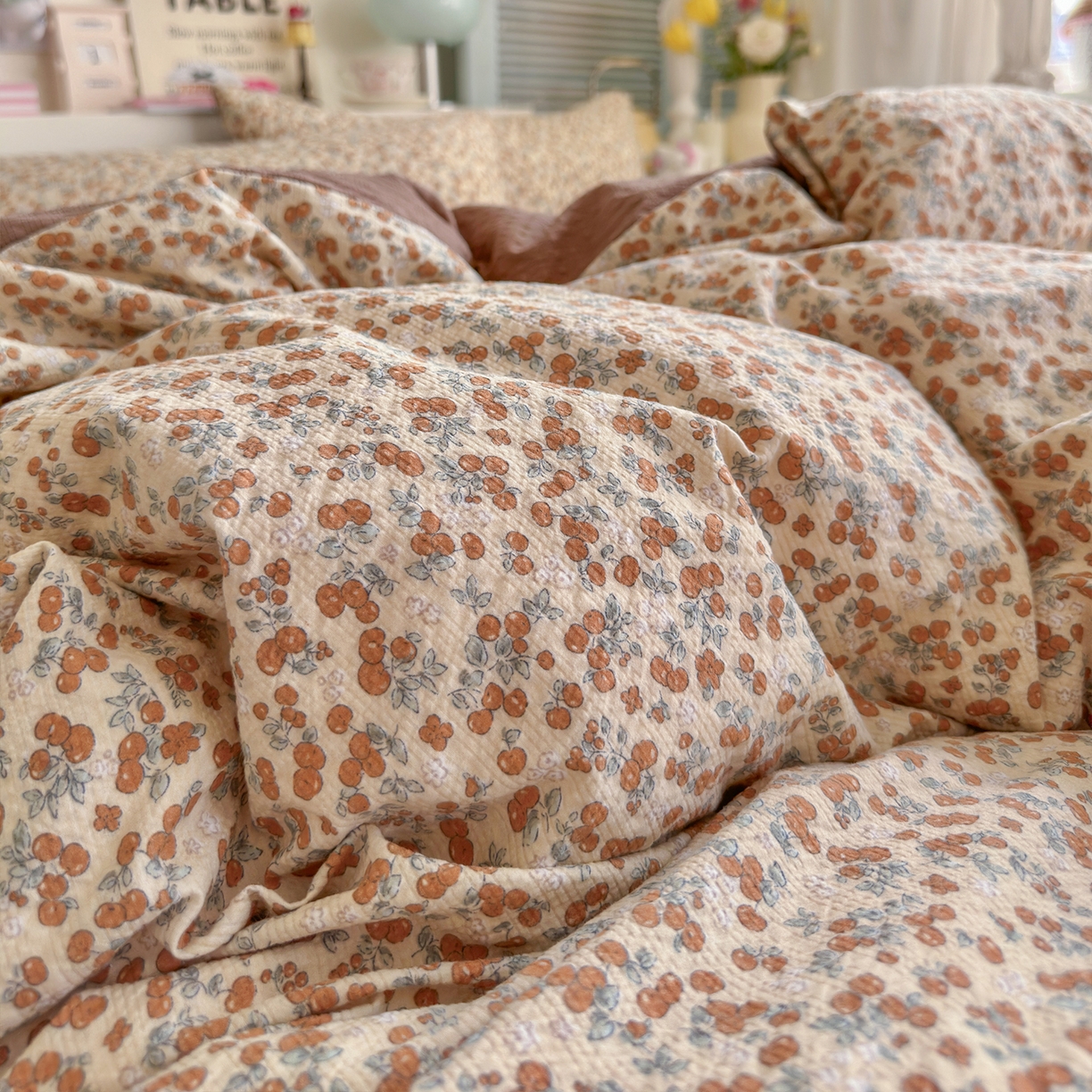 91家纺网 家纺一手货源 找家纺 铺尚美家纺 2026新款小清新110g高品质直播热卖款A类泡芙棉双层纱四件套 伊柠