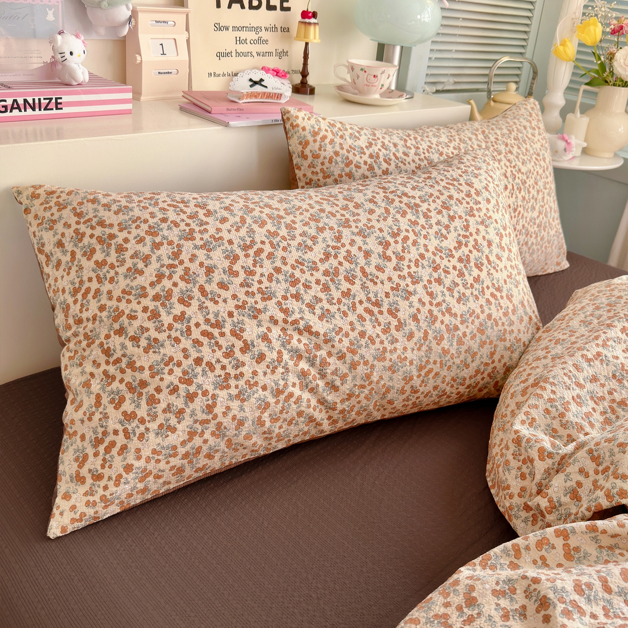 91家纺网 家纺一手货源 找家纺 铺尚美家纺 2026新款小清新110g高品质直播热卖款A类泡芙棉双层纱四件套 伊柠