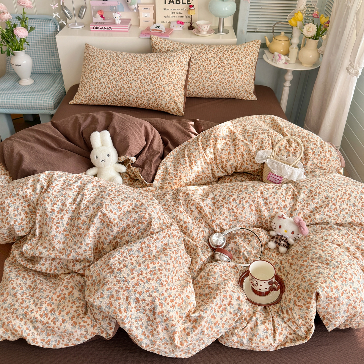 91家纺网 家纺一手货源 找家纺 铺尚美家纺 2026新款小清新110g高品质直播热卖款A类泡芙棉双层纱四件套 伊柠