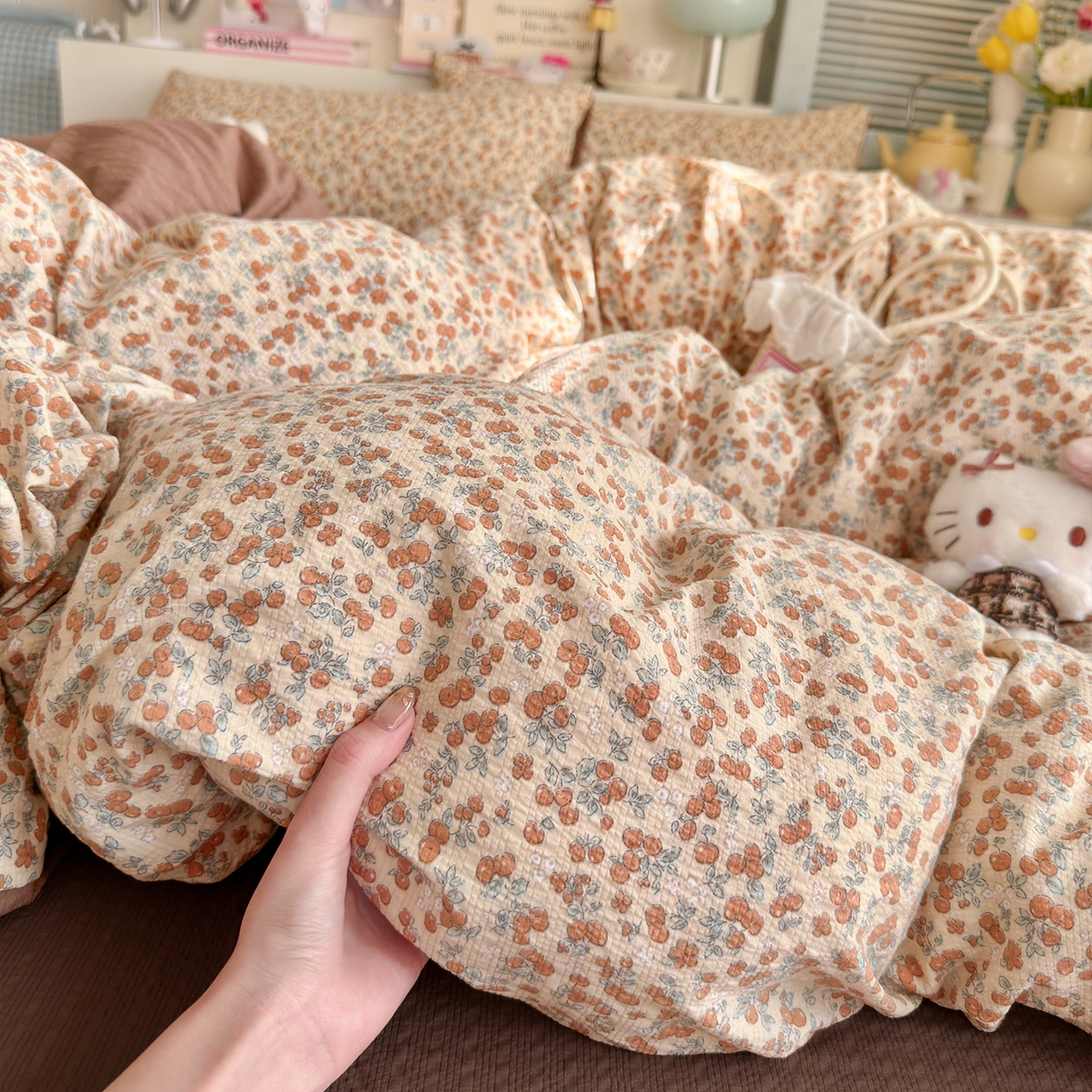 91家纺网 家纺一手货源 找家纺 铺尚美家纺 2026新款小清新110g高品质直播热卖款A类泡芙棉双层纱四件套 伊柠