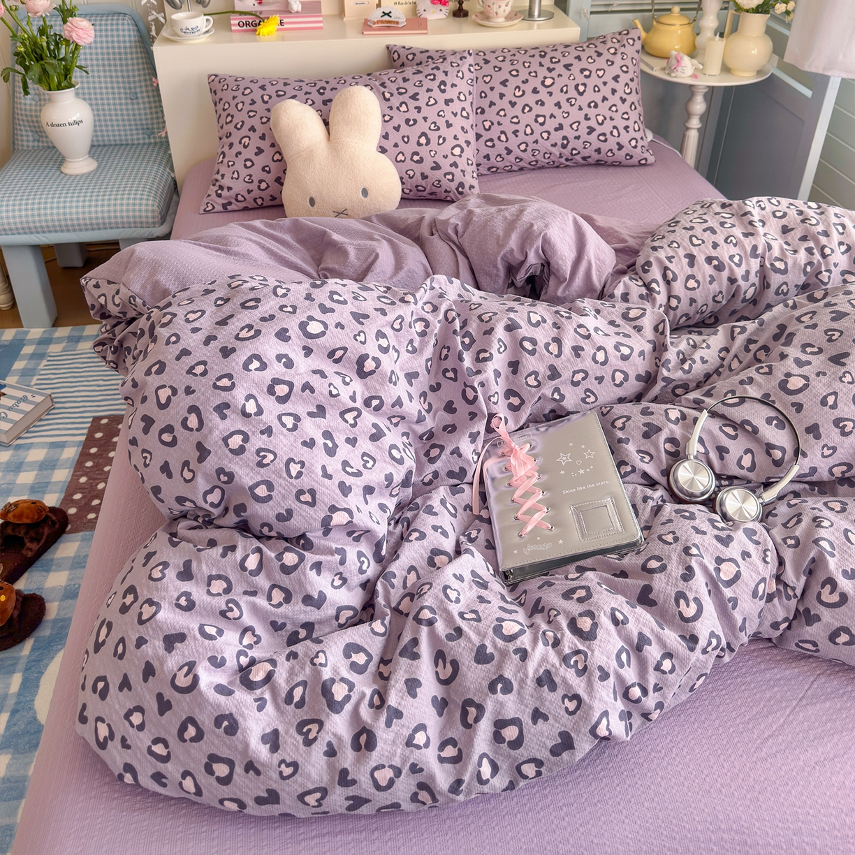 91家纺网 家纺一手货源 找家纺 铺尚美家纺 2026新款小清新110g高品质直播热卖款A类泡芙棉双层纱四件套 紫豹纹