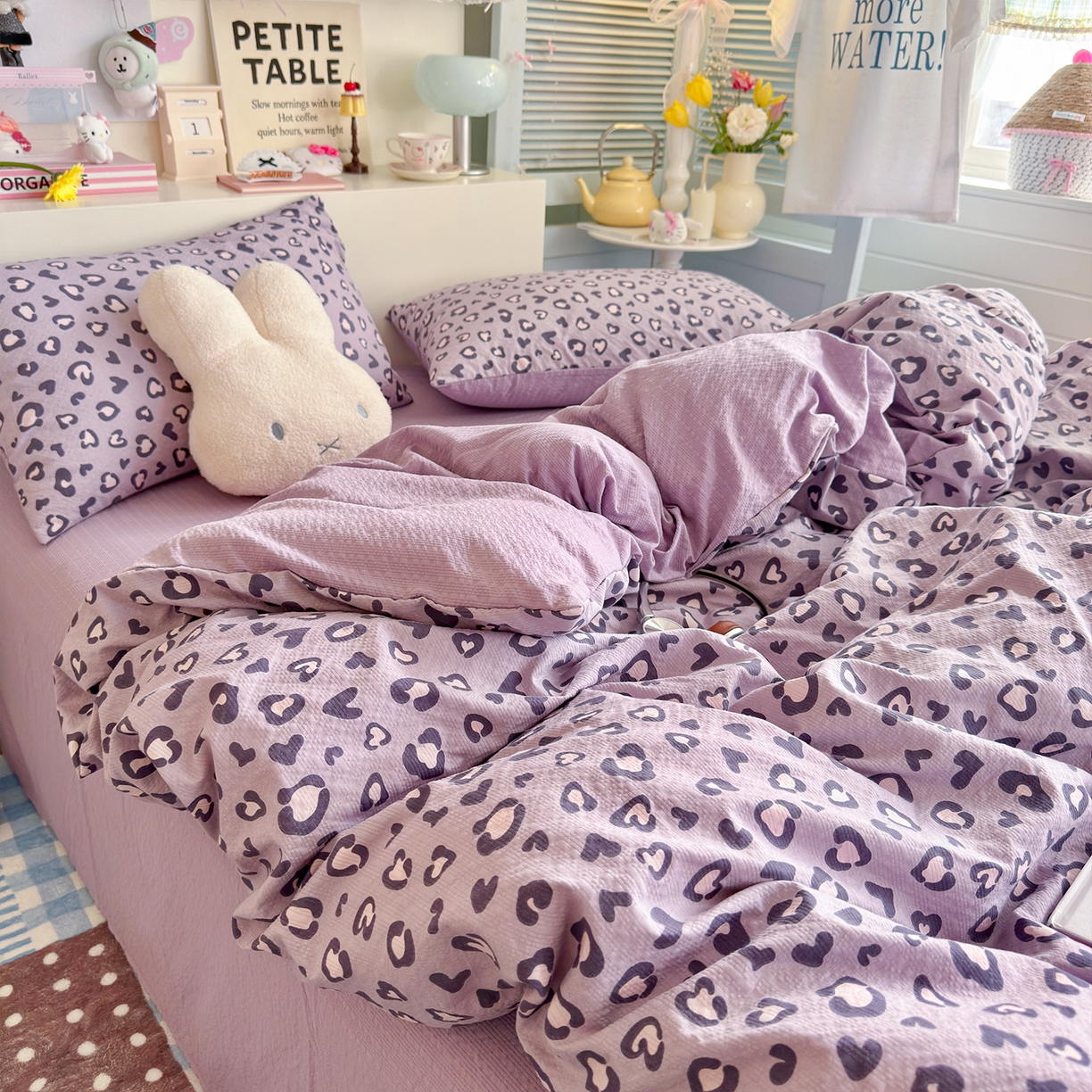 91家纺网 家纺一手货源 找家纺 铺尚美家纺 2026新款小清新110g高品质直播热卖款A类泡芙棉双层纱四件套 紫豹纹