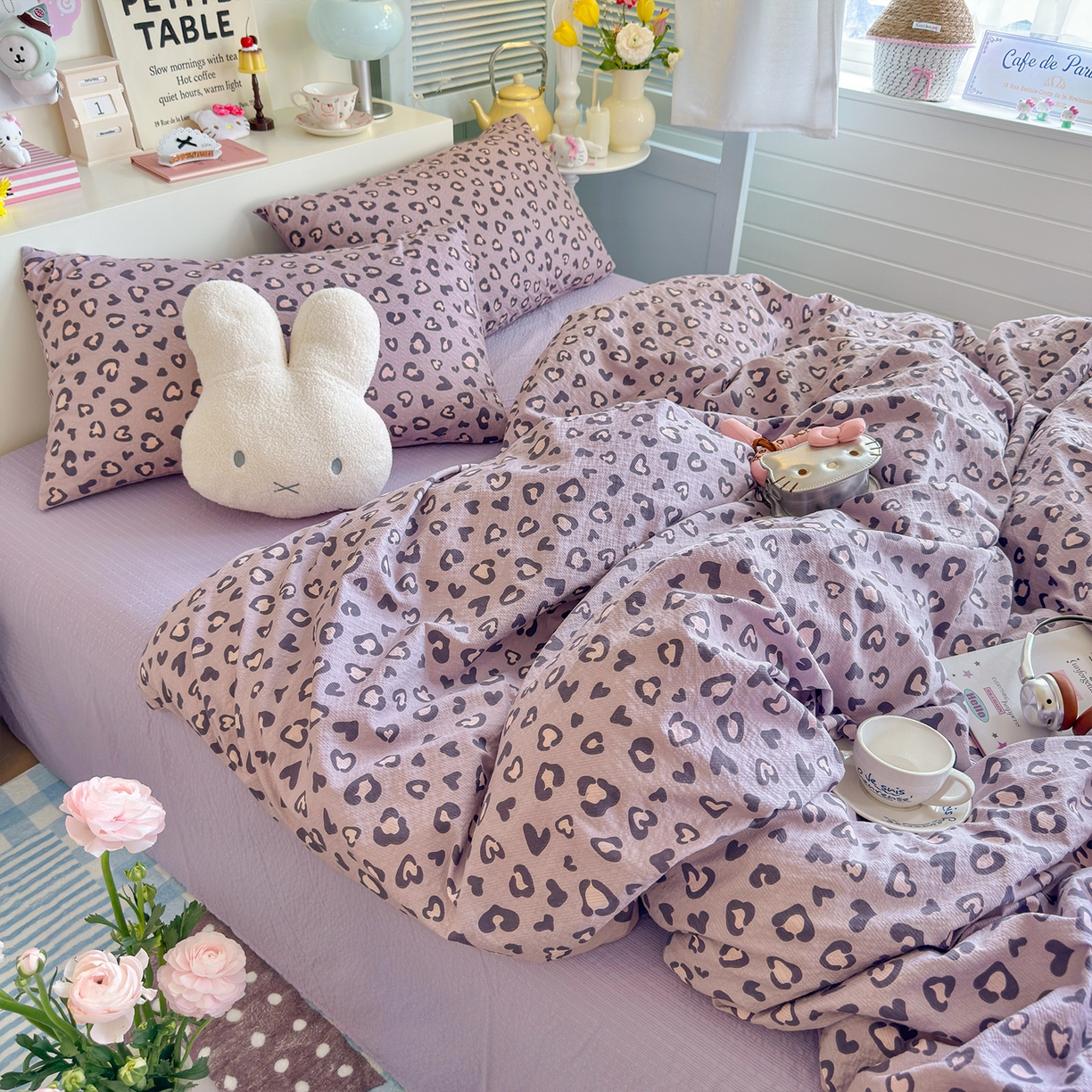 91家纺网 家纺一手货源 找家纺 铺尚美家纺 2026新款小清新110g高品质直播热卖款A类泡芙棉双层纱四件套 紫豹纹