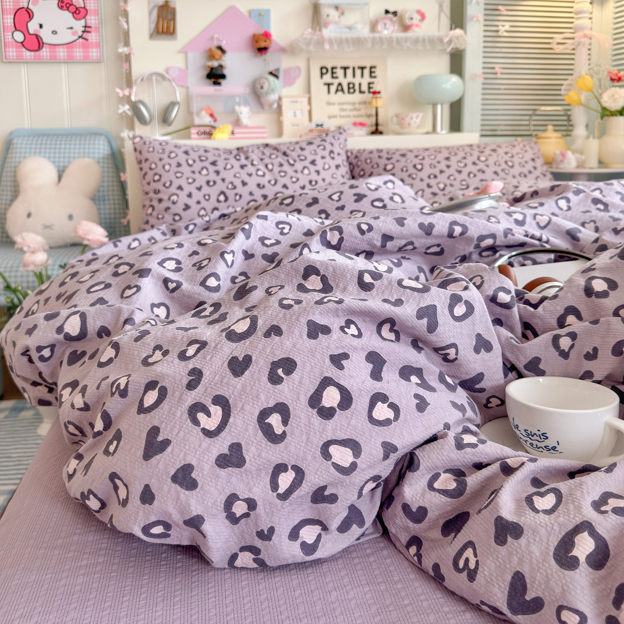 91家纺网 家纺一手货源 找家纺 铺尚美家纺 2026新款小清新110g高品质直播热卖款A类泡芙棉双层纱四件套 紫豹纹