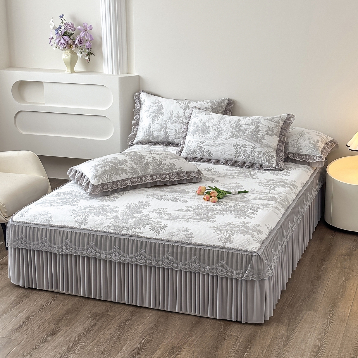 金艾草 2026春夏新款PE凉感床裙款凉席席子空调软席 清新-灰色